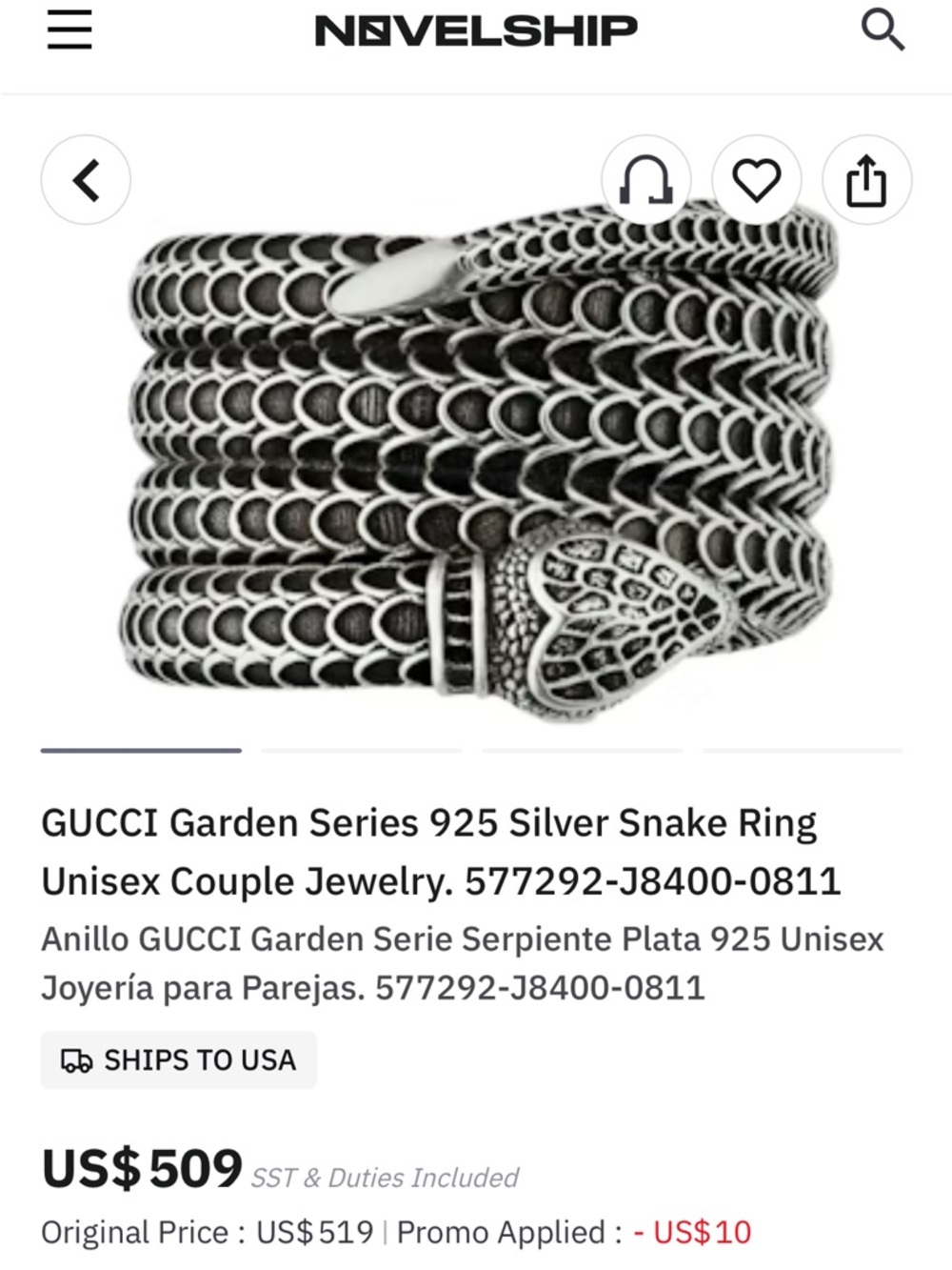 Gucci Silver Snake Wrap Ring with Textured Scales - Picture 3 of 3